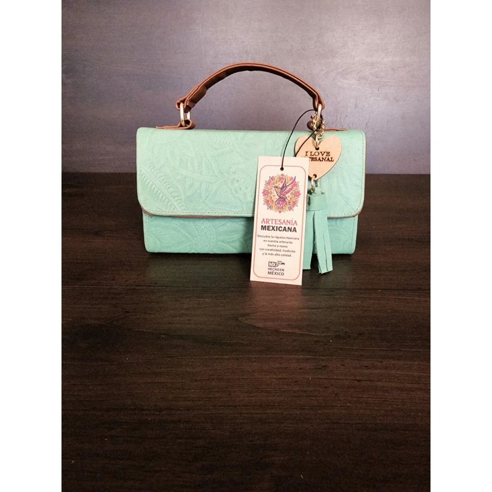 Green Mint Sunflower Embossed Tooled Artisan LEATHER Crossbody Handbag Purse